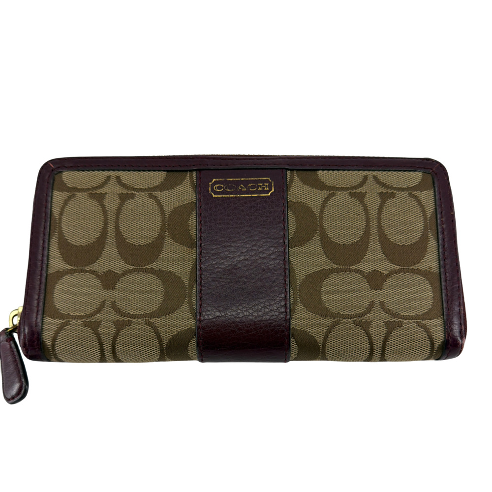 Coach Signature C Accordion Zip Khaki Burgundy Canvas Wallet